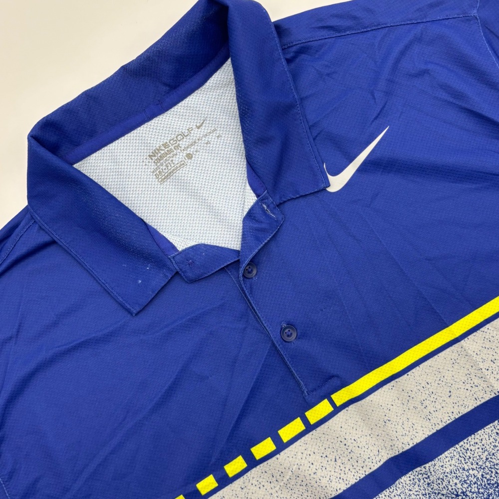Nike Golf Polo Shirt Blue Yellow Stripe Dri Fit Men Size Large